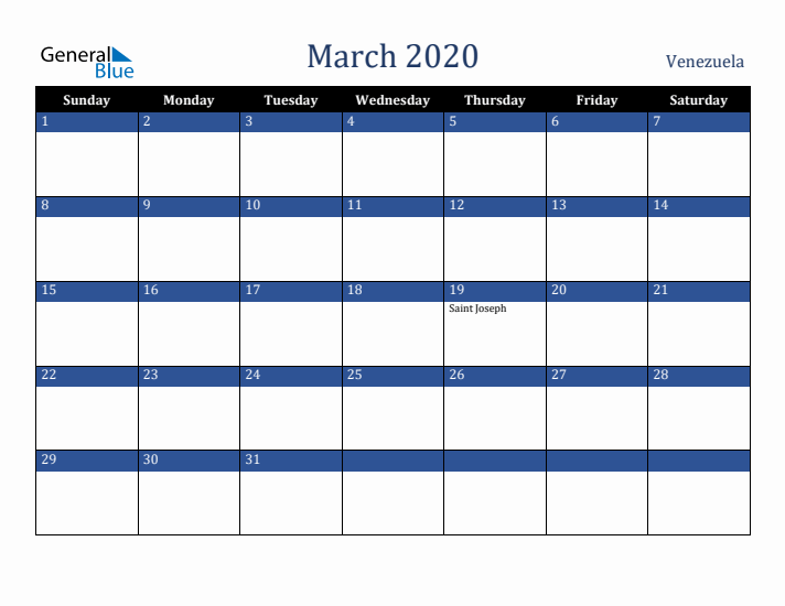 March 2020 Venezuela Calendar (Sunday Start)