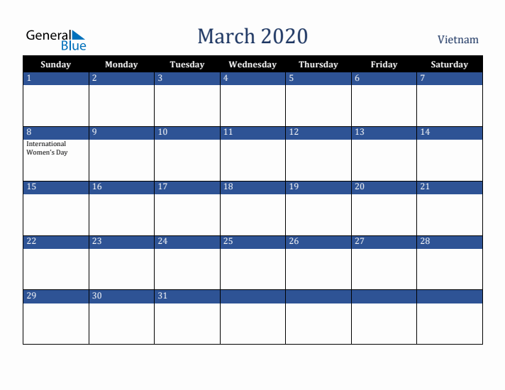 March 2020 Vietnam Calendar (Sunday Start)