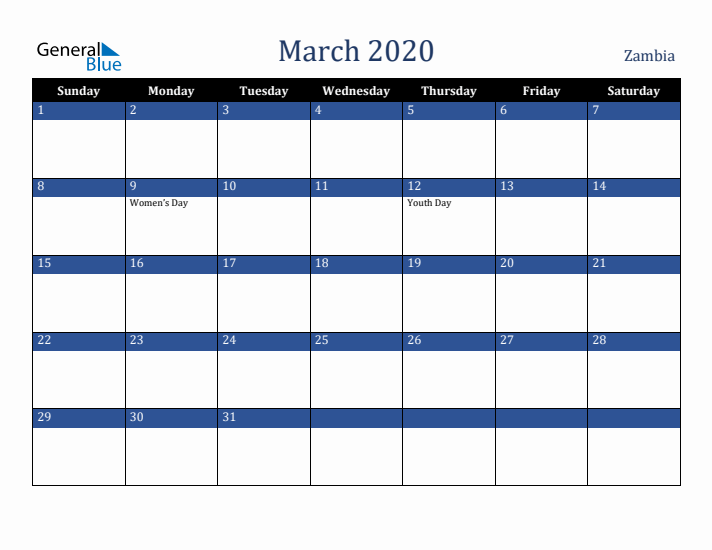 March 2020 Zambia Calendar (Sunday Start)