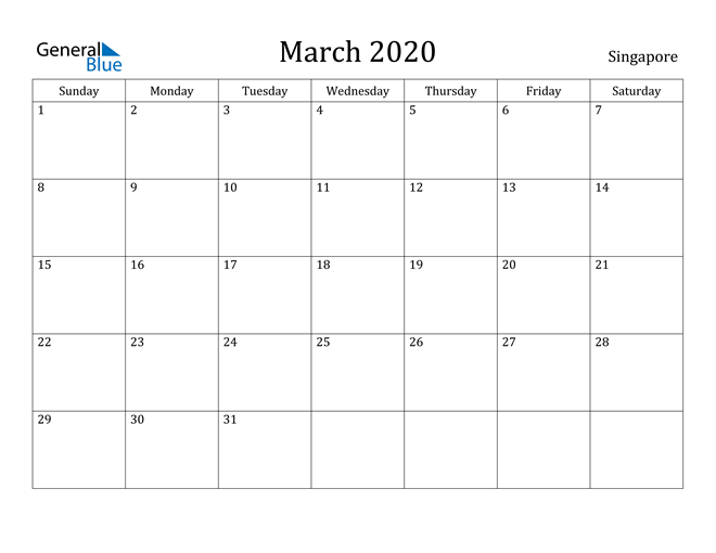 Singapore March 2020 Calendar with Holidays