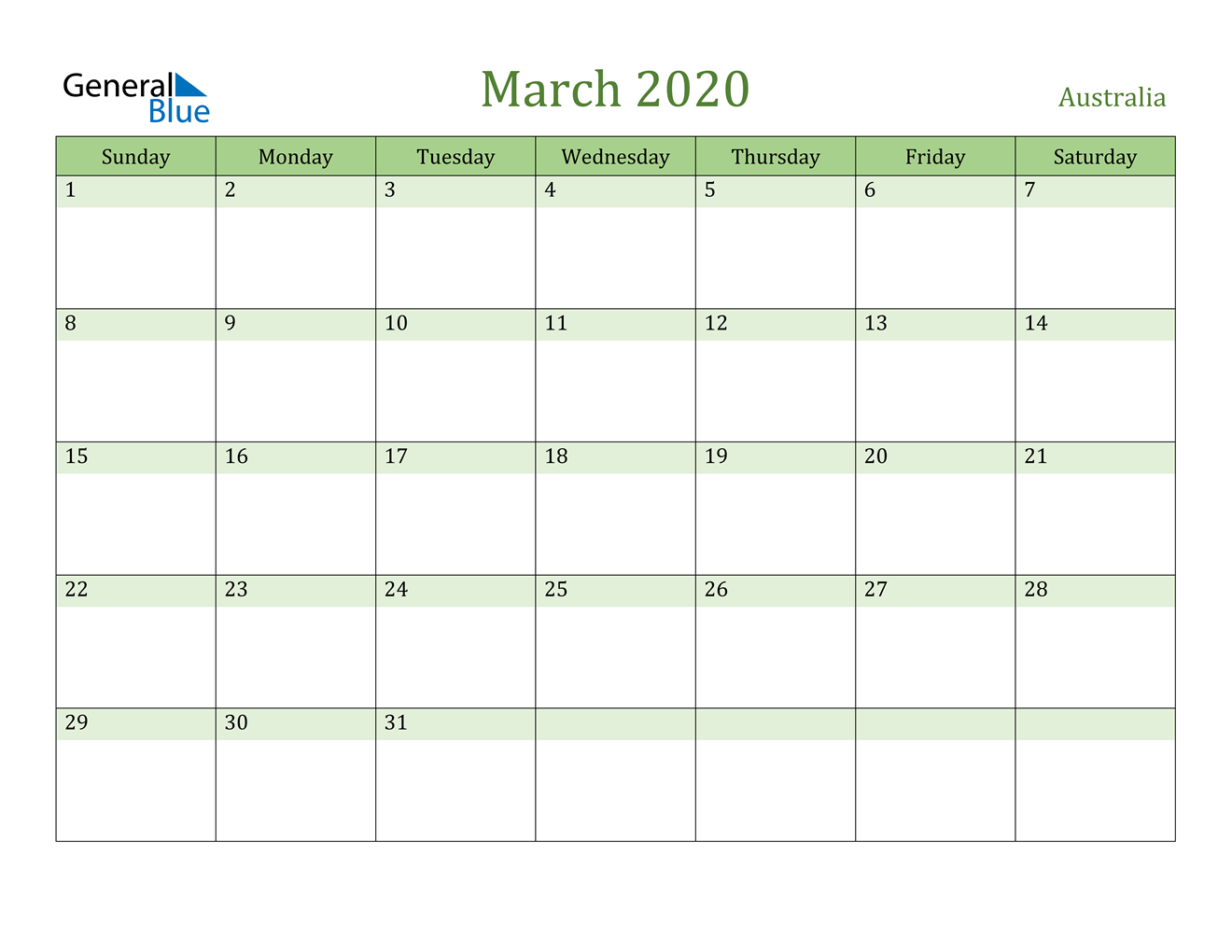 March 2020 Calendar Australia