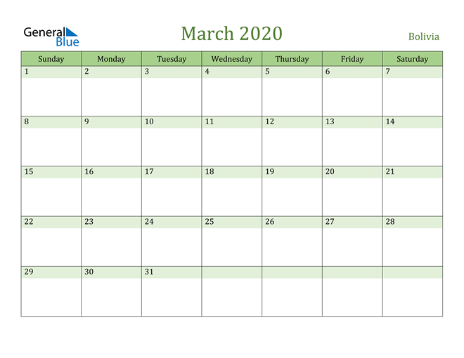 March 2020 Calendar with Bolivia Holidays