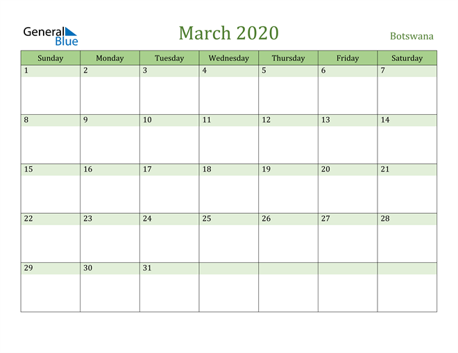 March 2020 Calendar with Botswana Holidays