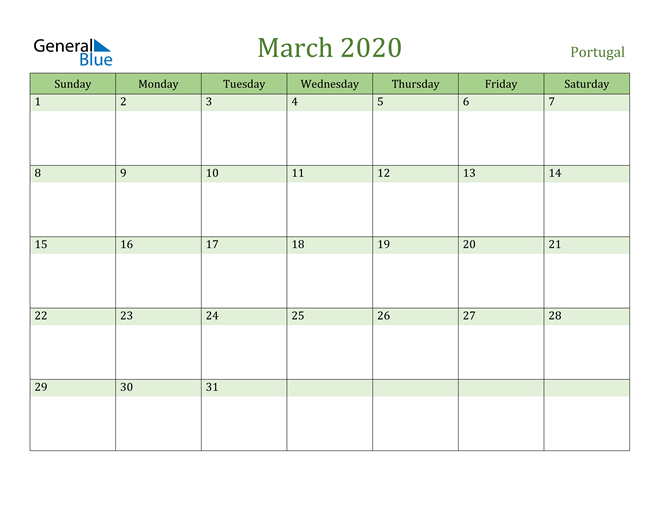 March 2020 Calendar with Portugal Holidays
