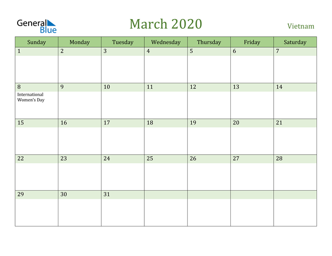 March 2020 Calendar with Vietnam Holidays