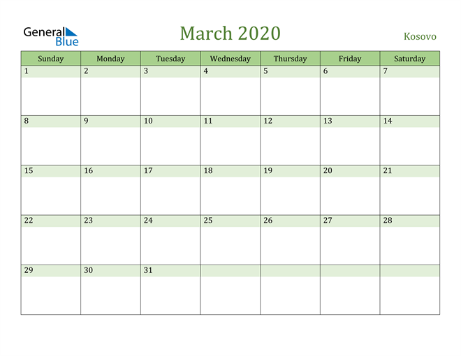 March 2020 Calendar with Kosovo Holidays