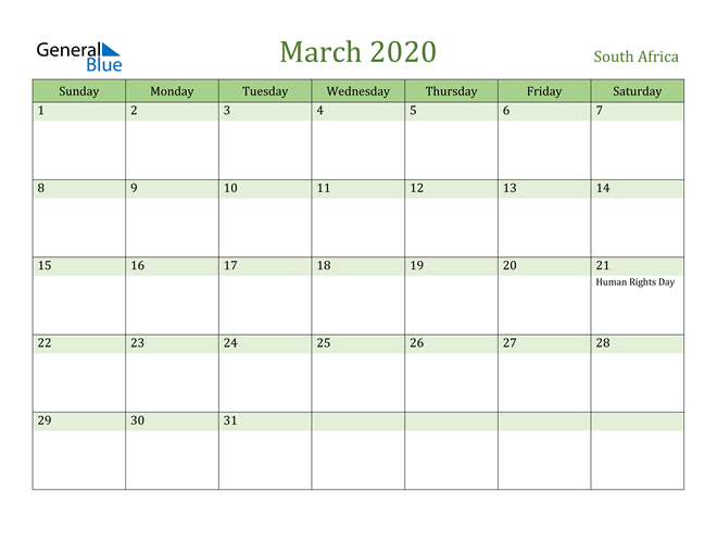 March 2020 Calendar with South Africa Holidays
