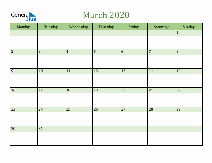 March 2020 Calendar with Monday Start