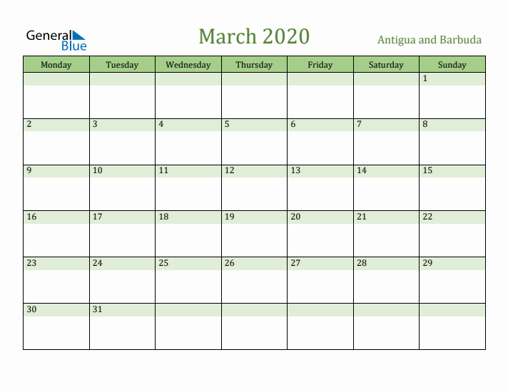 March 2020 Calendar with Antigua and Barbuda Holidays
