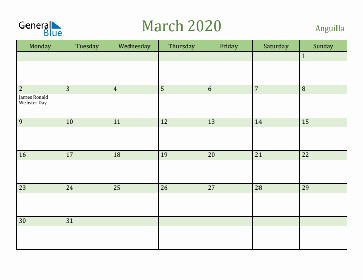 March 2020 Calendar with Anguilla Holidays