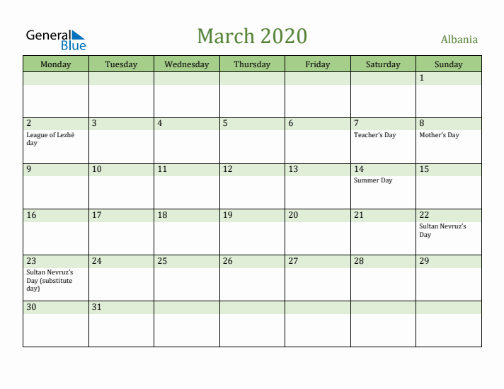 March 2020 Calendar with Albania Holidays