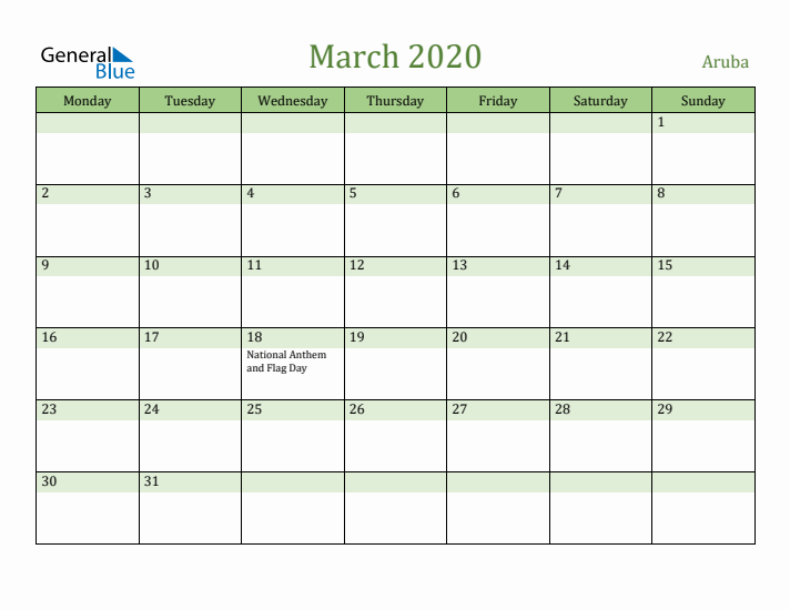 March 2020 Calendar with Aruba Holidays