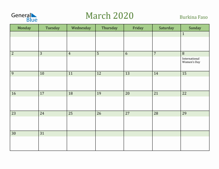 March 2020 Calendar with Burkina Faso Holidays