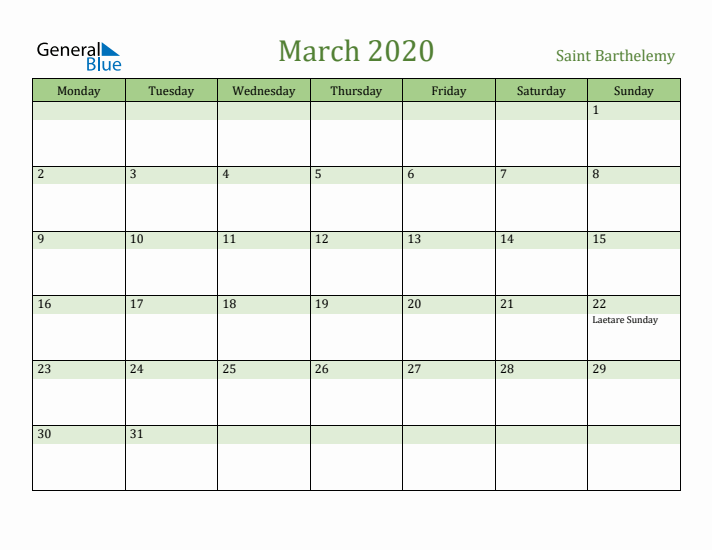 March 2020 Calendar with Saint Barthelemy Holidays