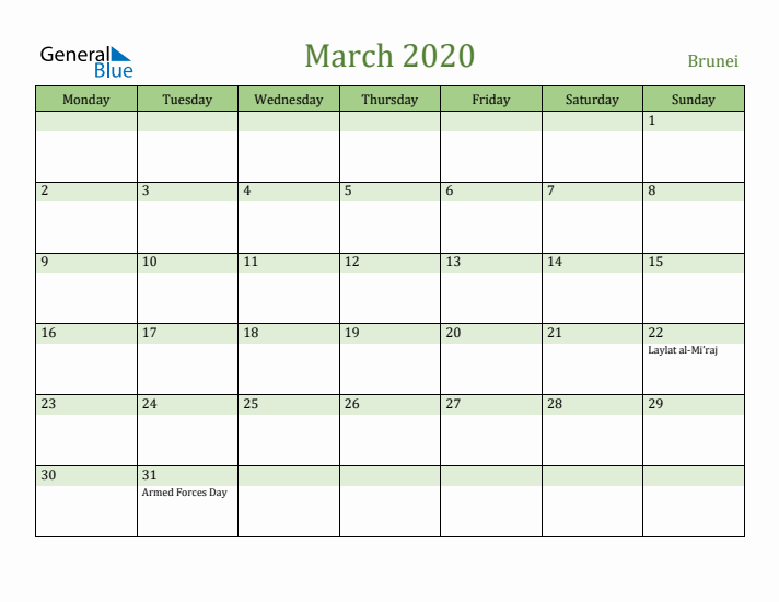 March 2020 Calendar with Brunei Holidays