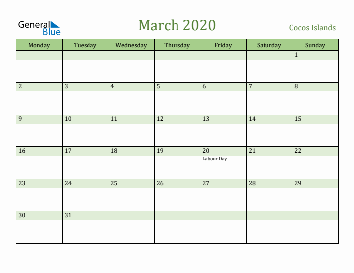 March 2020 Calendar with Cocos Islands Holidays