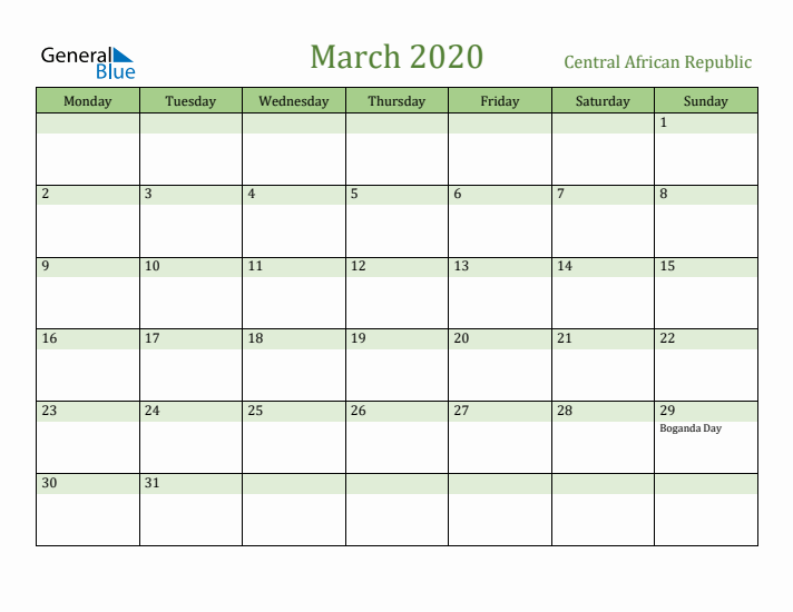 March 2020 Calendar with Central African Republic Holidays