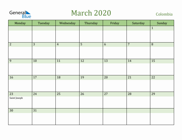 March 2020 Calendar with Colombia Holidays