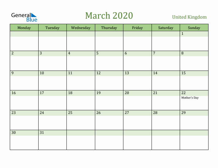 March 2020 Calendar with United Kingdom Holidays