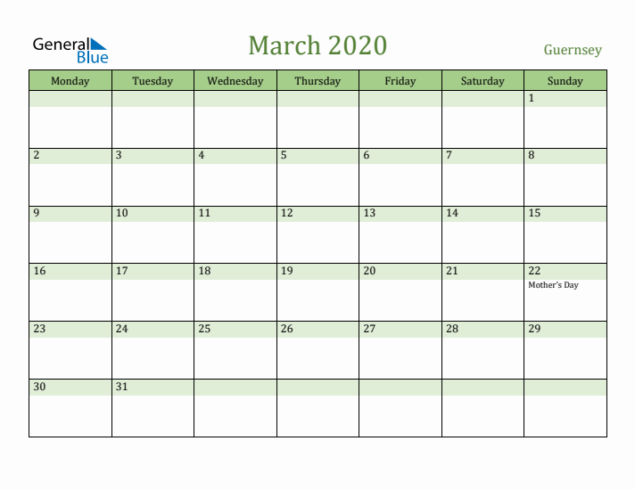 March 2020 Calendar with Guernsey Holidays