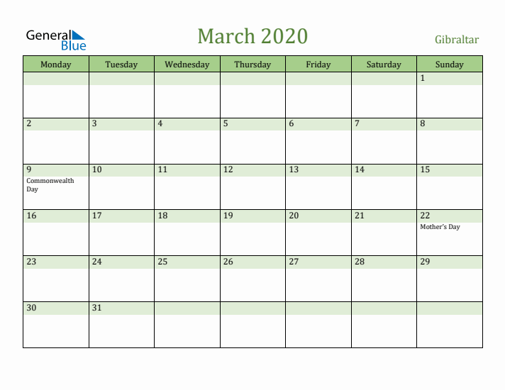 March 2020 Calendar with Gibraltar Holidays