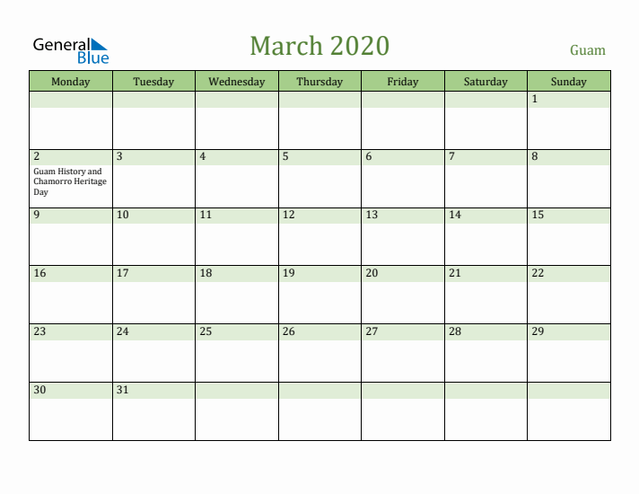 March 2020 Calendar with Guam Holidays