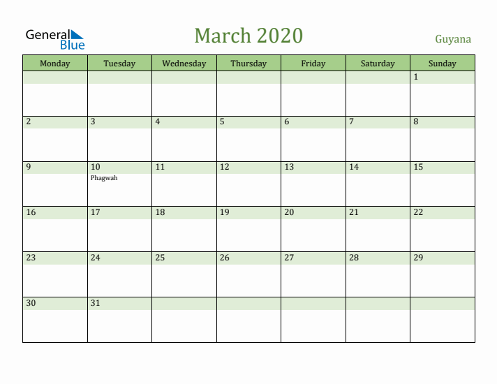 March 2020 Calendar with Guyana Holidays