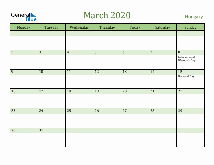 March 2020 Calendar with Hungary Holidays