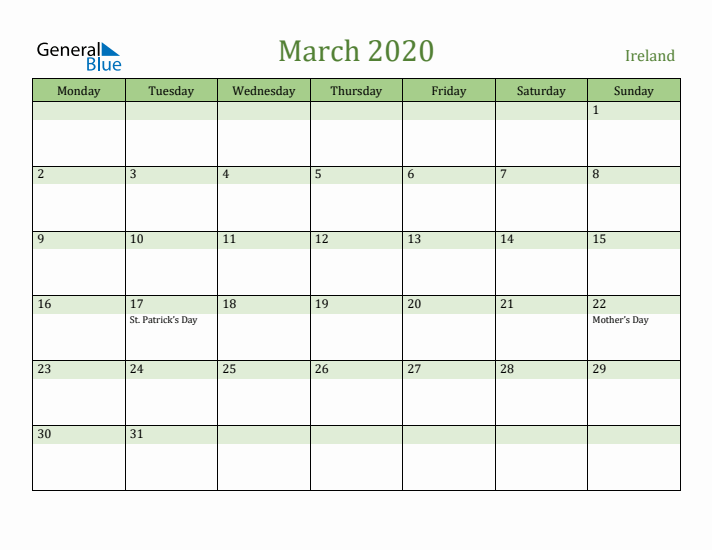 March 2020 Calendar with Ireland Holidays
