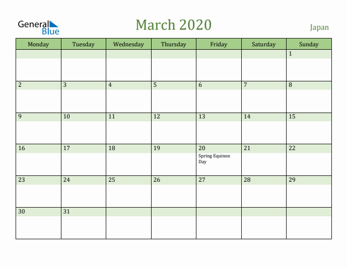 March 2020 Calendar with Japan Holidays