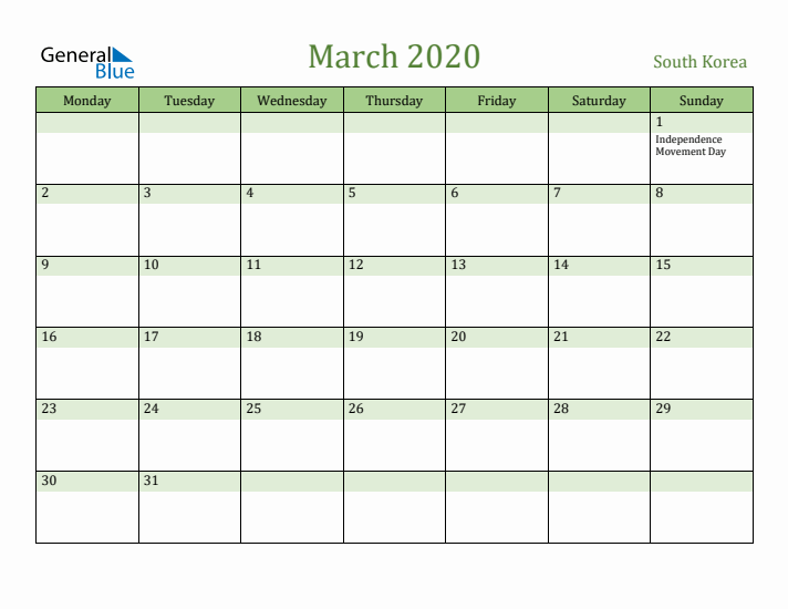March 2020 Calendar with South Korea Holidays