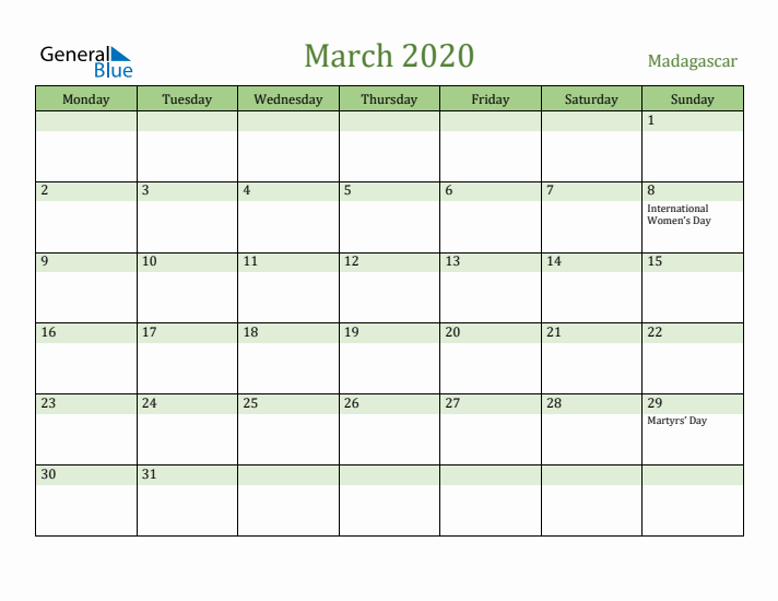 March 2020 Calendar with Madagascar Holidays