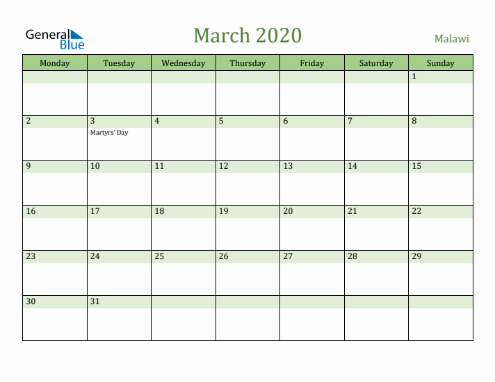 March 2020 Calendar with Malawi Holidays