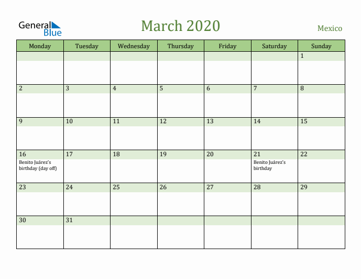 March 2020 Calendar with Mexico Holidays