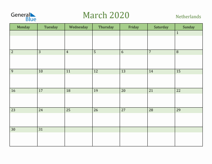 March 2020 Calendar with The Netherlands Holidays