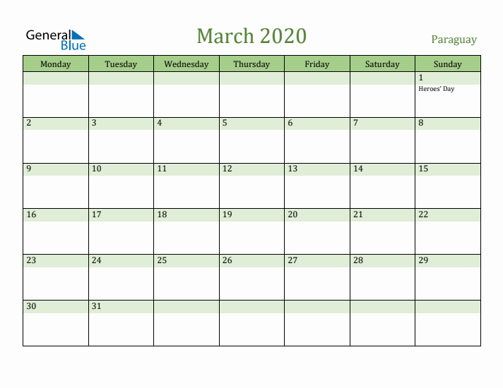 March 2020 Calendar with Paraguay Holidays