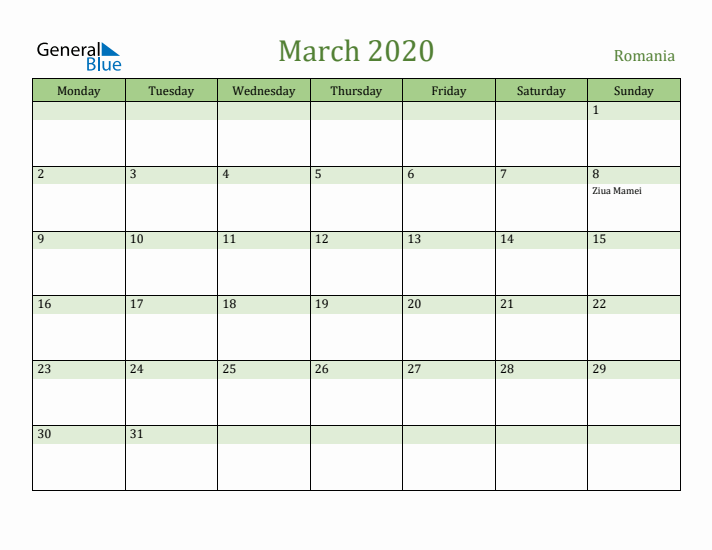 March 2020 Calendar with Romania Holidays