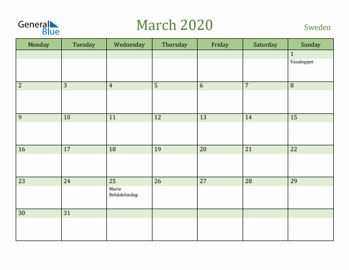 March 2020 Calendar with Sweden Holidays