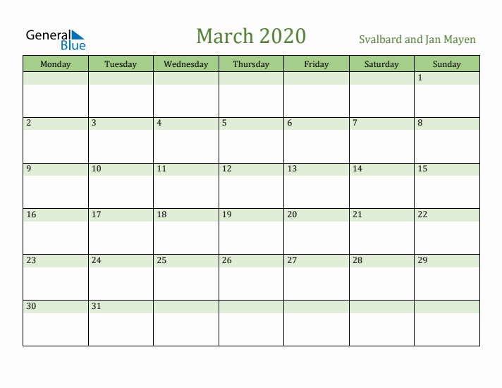 March 2020 Calendar with Svalbard and Jan Mayen Holidays