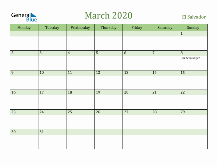 March 2020 Calendar with El Salvador Holidays