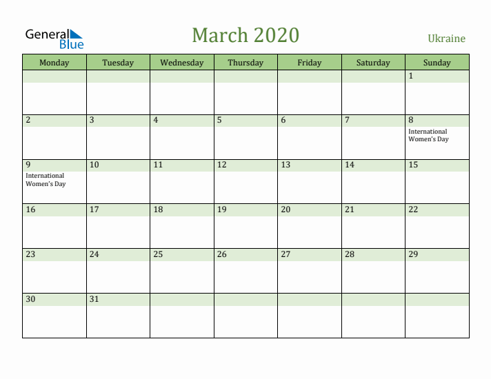 March 2020 Calendar with Ukraine Holidays