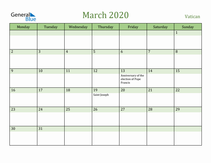 March 2020 Calendar with Vatican Holidays