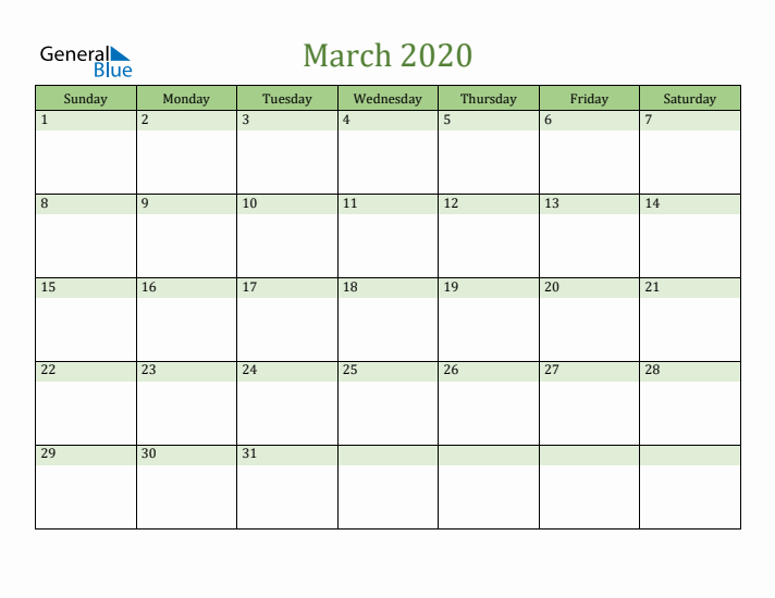 March 2020 Calendar with Sunday Start