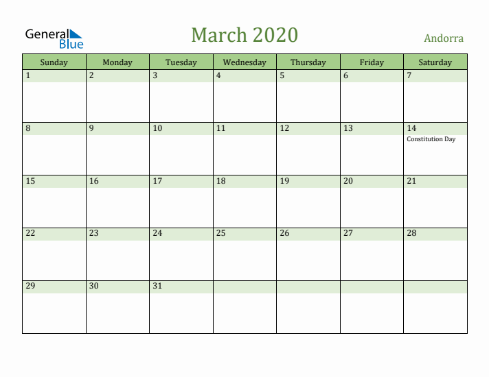 March 2020 Calendar with Andorra Holidays