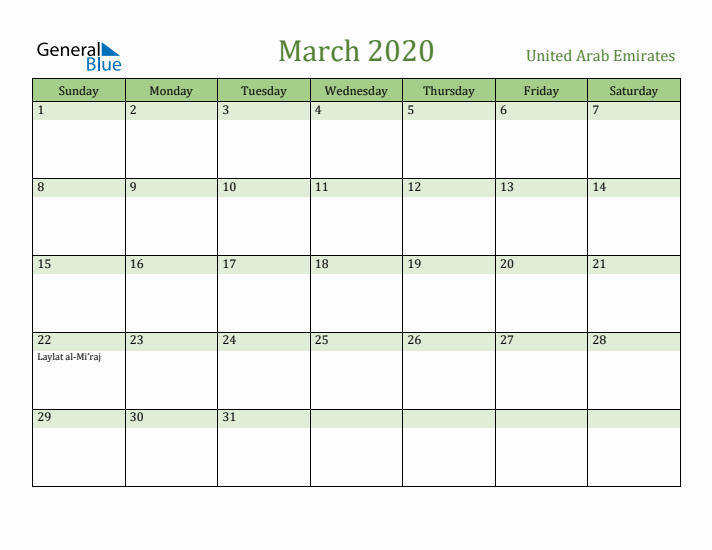 March 2020 Calendar with United Arab Emirates Holidays