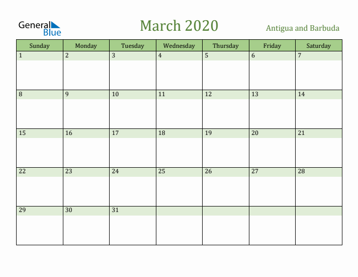 March 2020 Calendar with Antigua and Barbuda Holidays