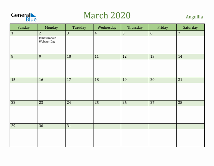 March 2020 Calendar with Anguilla Holidays