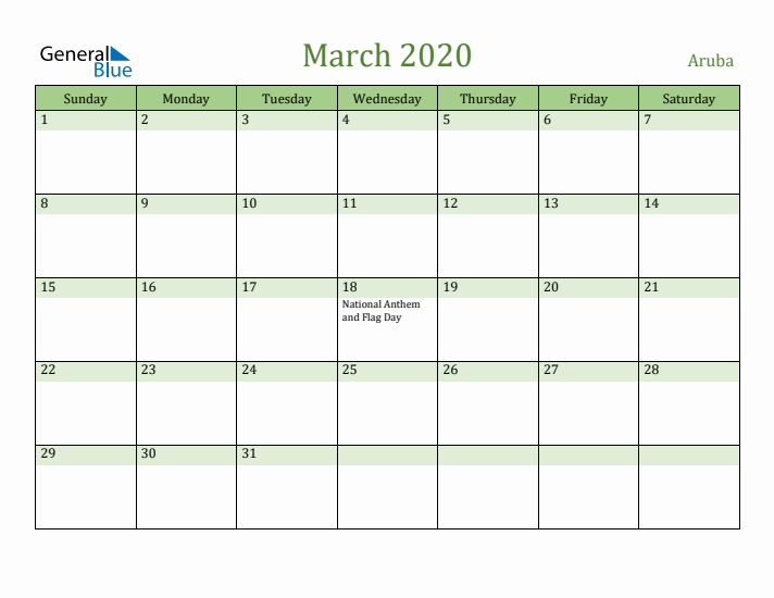 March 2020 Calendar with Aruba Holidays