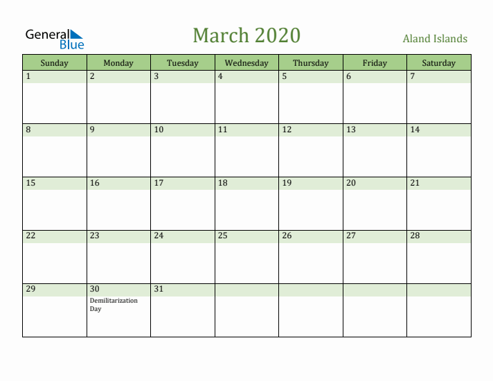March 2020 Calendar with Aland Islands Holidays