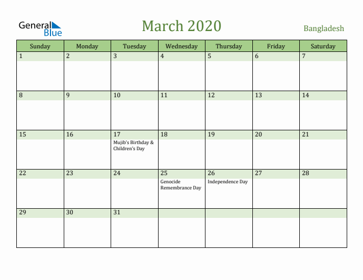 March 2020 Calendar with Bangladesh Holidays